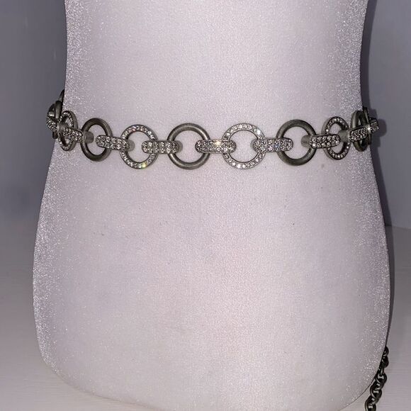 Vintage Rhinestone Embellished Circle Link Silver Chain Belt with Claw Closure - Picture 1 of 7
